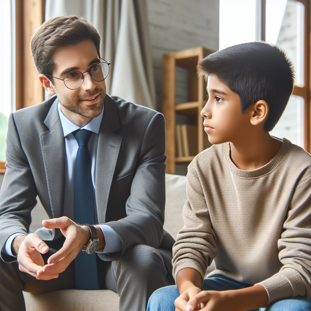 Realistic stock image of therapist comforting child.