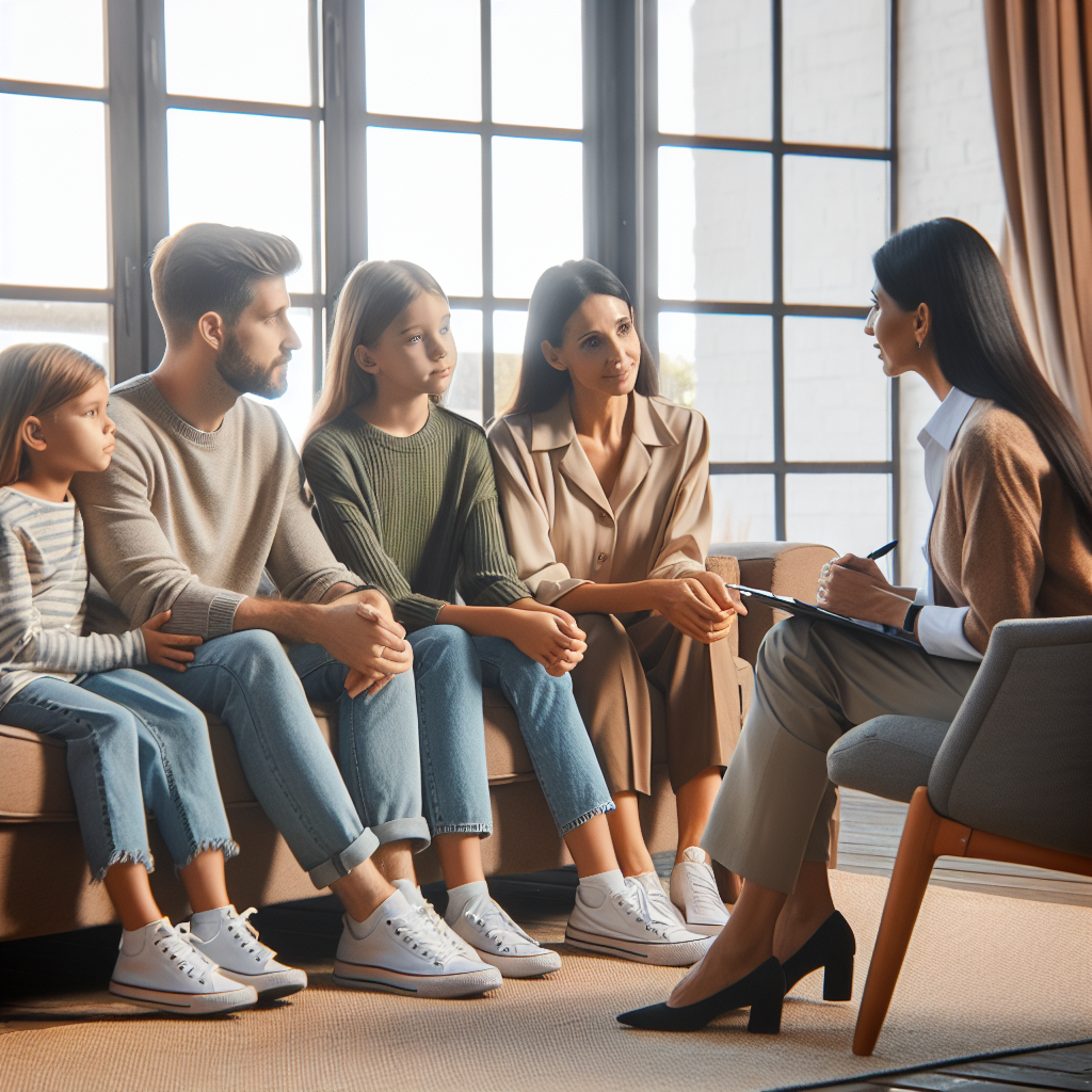 Caucasian family in therapy session, 2024.
